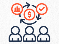  image of three people with a check mark, money, and bar graph above them